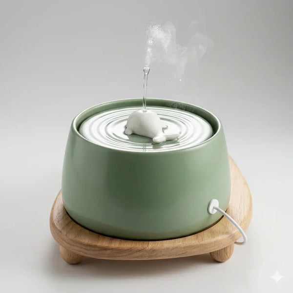 Ceramic Cat Fountain — Sage Green