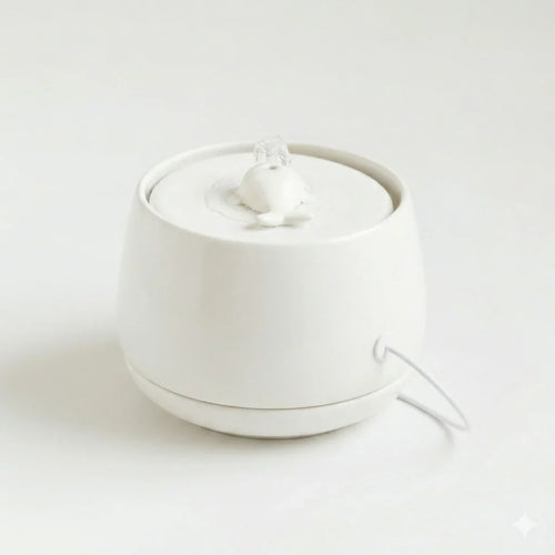 White ceramic pet water fountain with whale design, minimalist modern style for cats and dogs