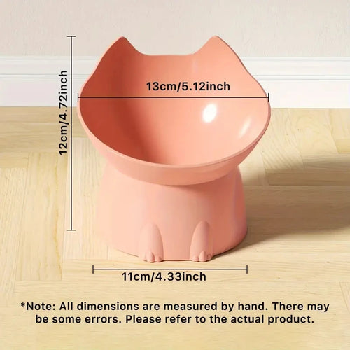 Pink cat-shaped ceramic pet bowl with dimensions, modern minimalist design for home use