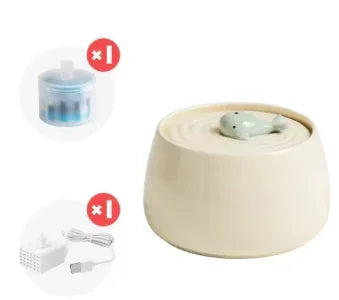 Minimalist ceramic pet water fountain with turtle design, includes filter and USB pump