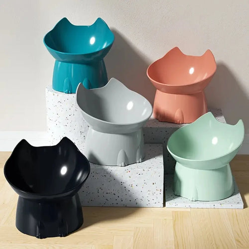 Modern cat bowls in teal, coral, gray, mint, and black — minimalist pet feeding bowls for stylish homes
