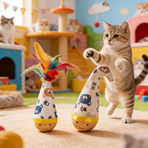 Playful tabby cat pouncing on cute wooden cat toys with feather wands and bear prints, perfect for interactive pet play.